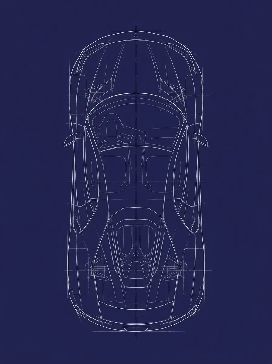 Blueprint-style top view line drawing of a car