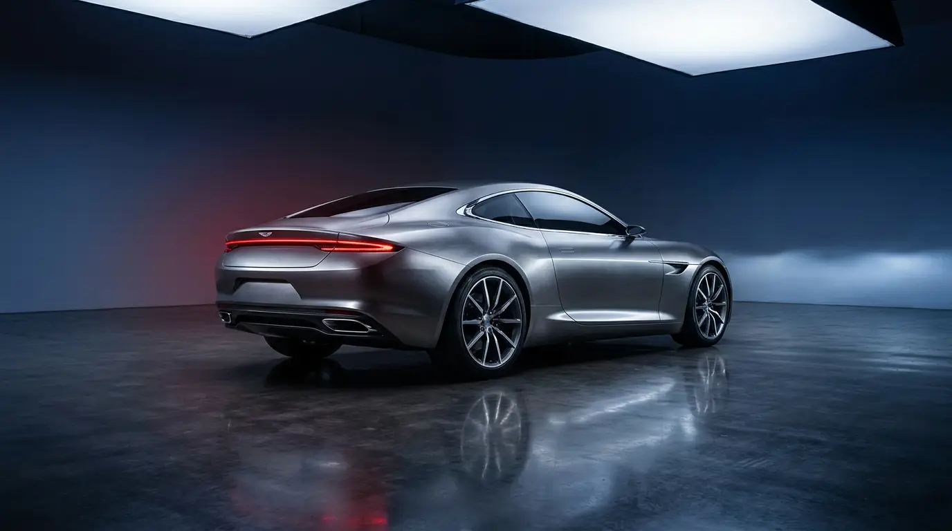 Silver sports coupe under studio light on a dark reflective floor