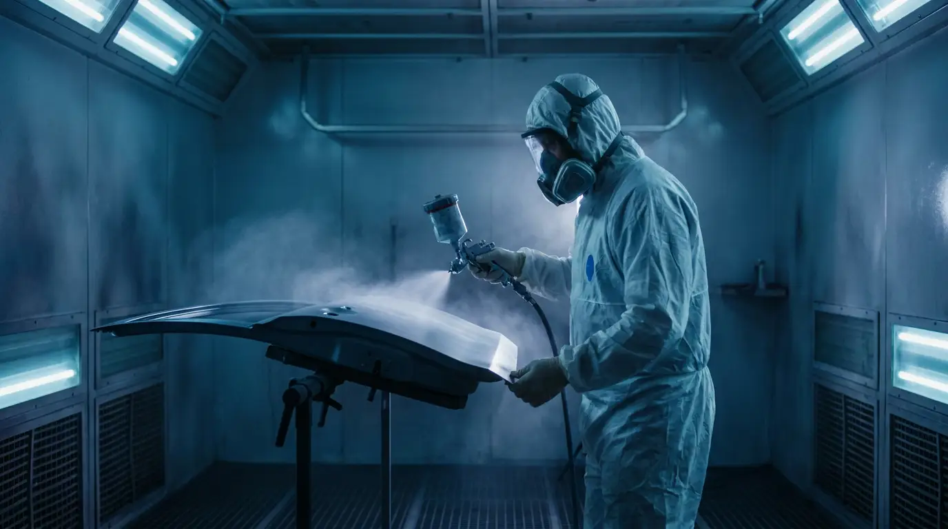 Technician spray painting a car panel inside a modern spray booth