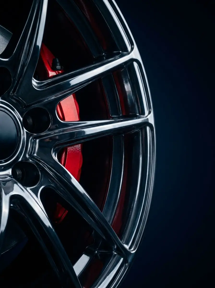 Polished chrome alloy wheel photographed in a dark studio